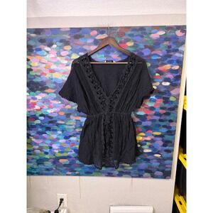 Hunkemoller Black Crochet Lace Trim Romper V-Neck Elastic Waist Small